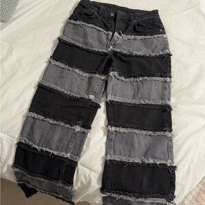 Black and Gray Frayed Flare Jeans